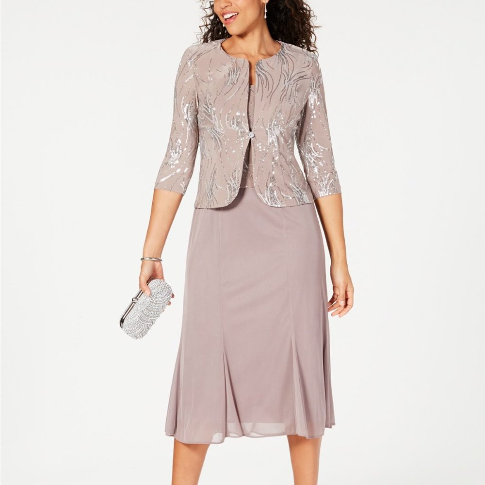 Alex Evenings Sequined A-Line Midi Dress and Jacket Pewter